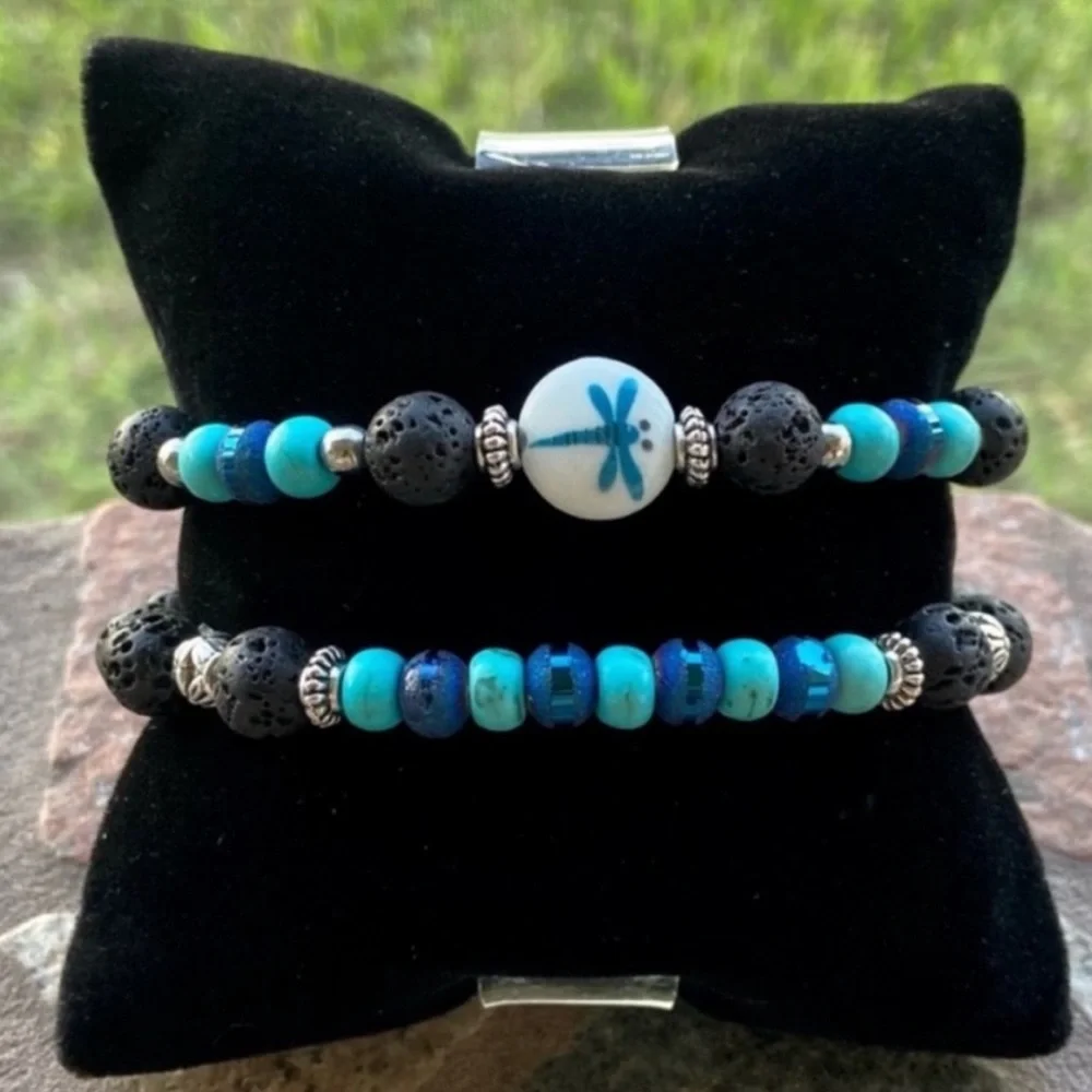Blue turquoise , druzy and lava rock dragonfly bead bracelets set
